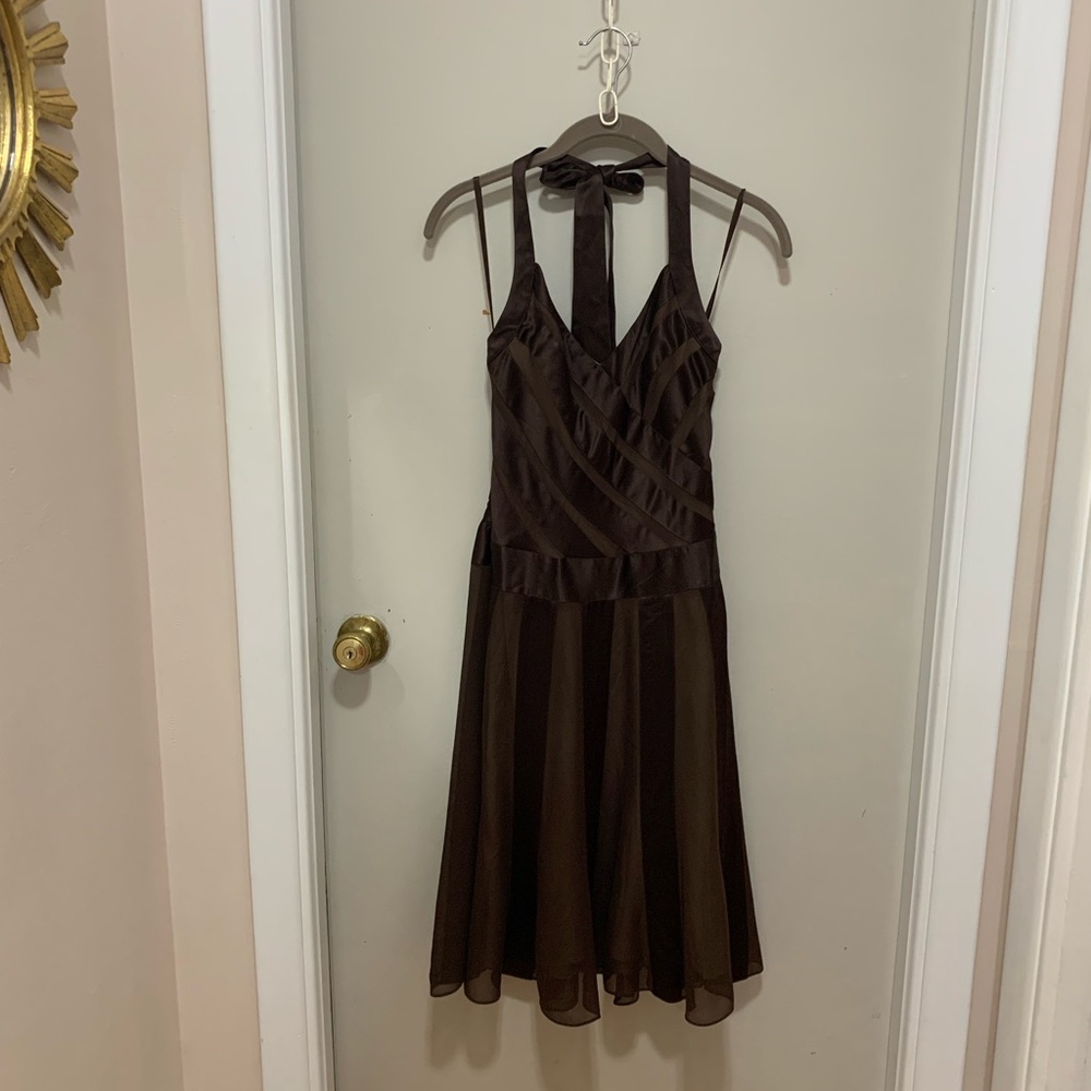 BCBGmaxazria Brown Silk Contrast Y2K Style Halter Cocktail Dress